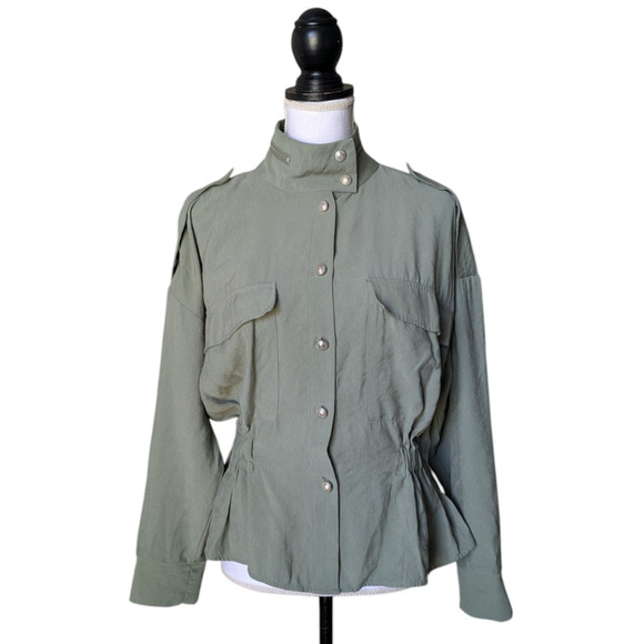 Zara Olive Green Military Style Cinch Waist Jacket Sz XS Army Modal Pockets - Picture 1 of 6